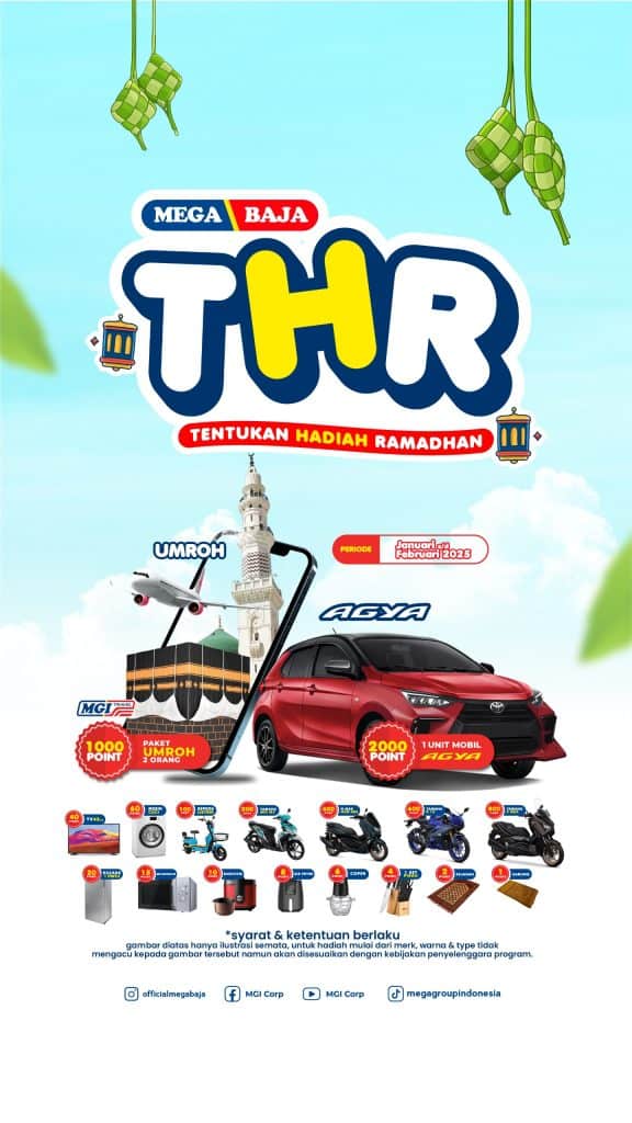 Promo THR Mega Baja 2025 dengan hadiah utama mobil Agya dan hadiah menarik lainnya.